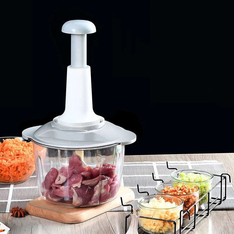 1.5L Manual Hand Push Food Chopper – Multi-Purpose Vegetable Cutter, Meat Grinder & Kitchen Chopper With Stainless Steel Blades (Random Color)