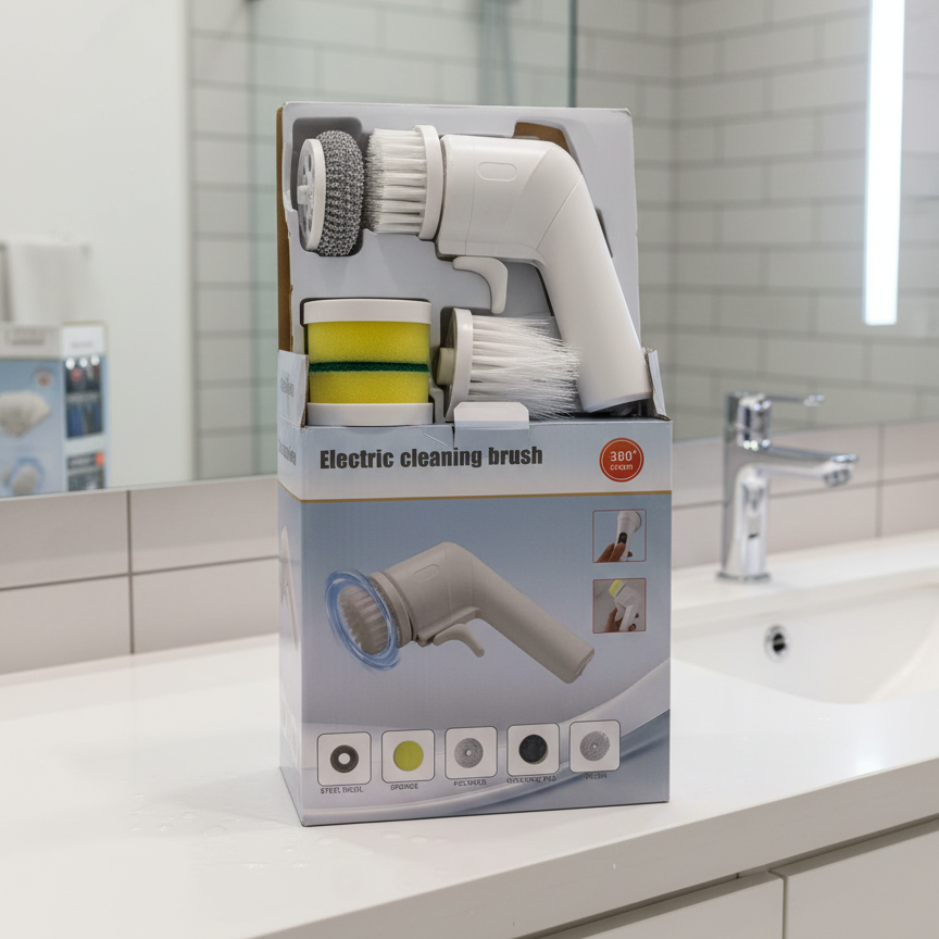 Electric Power Scrubber 360 Degree Rotating Cleaning Brush with Interchangeable Sponge, Brush & Steel Wool Heads